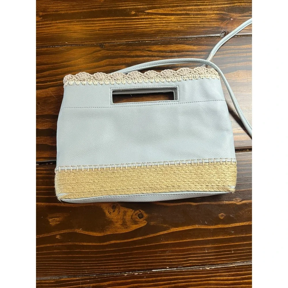 The Sak Bag, Hand Crochet Linden Chambray Light Blue Crossbody Clutch Scalloped